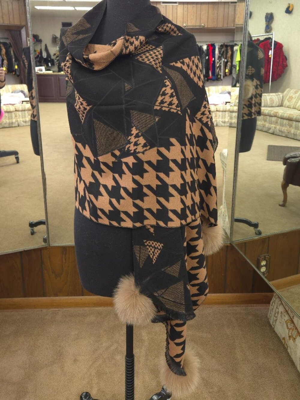 Houndstooth and Geometric Design Shawl/Wrap with Fox Fur Poms